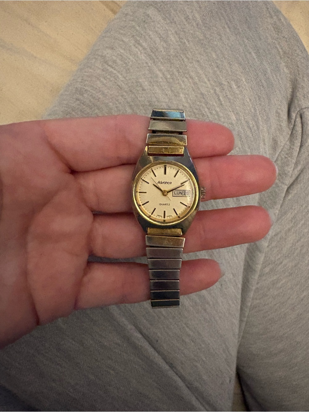 Vintage Advance Watch Co. Two Tone Quartz Day Date Watch Hong Kong